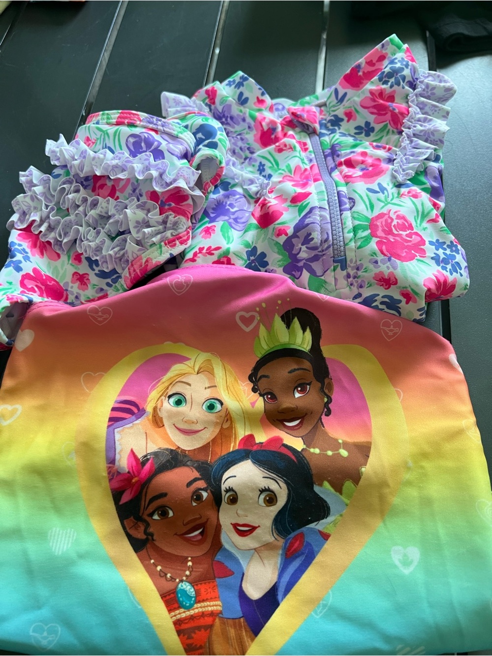 set 2 Disney Kids Rainbow Princess Swim one piecr- Pink, Purple, Green Floral
